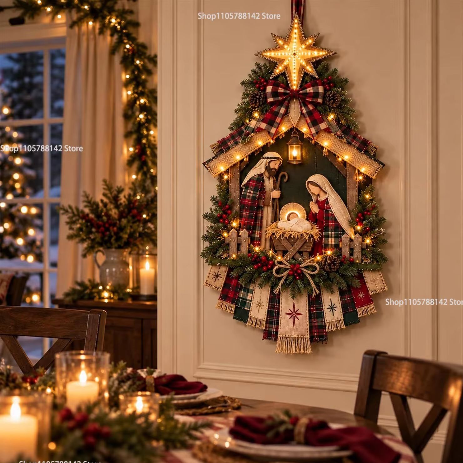 Lighting Christmas Decor - ชุดประดับตกแต่งฉากประสูติพระเยซูคริสต์แบบมีไฟสำหรับแขวนประตู สามารถประกอบเองได้ พร้อมโบว์ลายสก็อต สำหรับตกแต่งผนังและประดับทางเข้าบ้านในช่วงเทศกาล