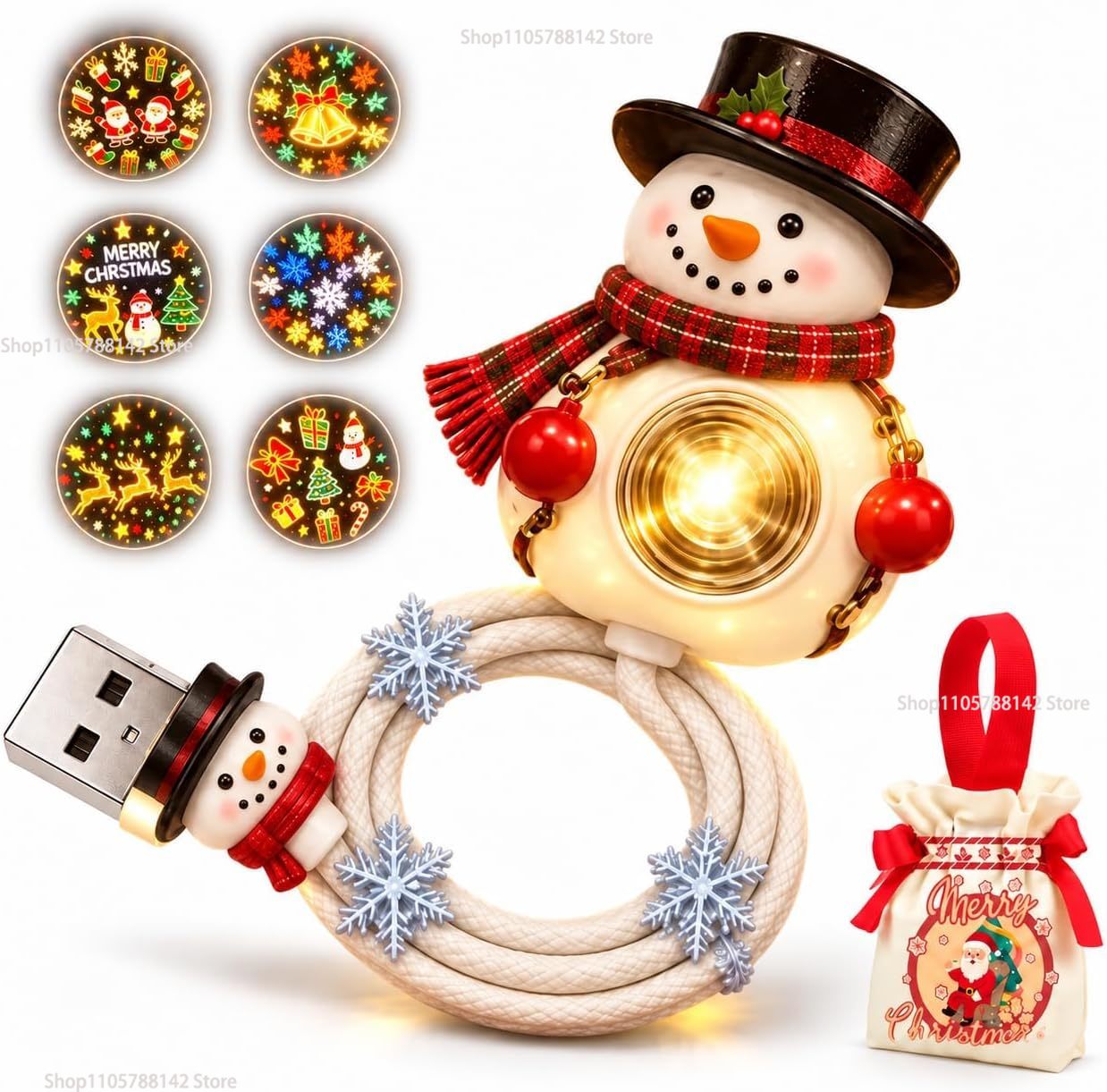 Lighting Christmas Decor - ไฟโปรเจคเตอร์คริสต์มาสรูปตุ๊กตาหิมะแบบ USB ปรับมุมได้ สำหรับติดผนังหรือเพดาน ตกแต่งบ้านและห้องภายในในช่วงเทศกาลคริสต์มาส