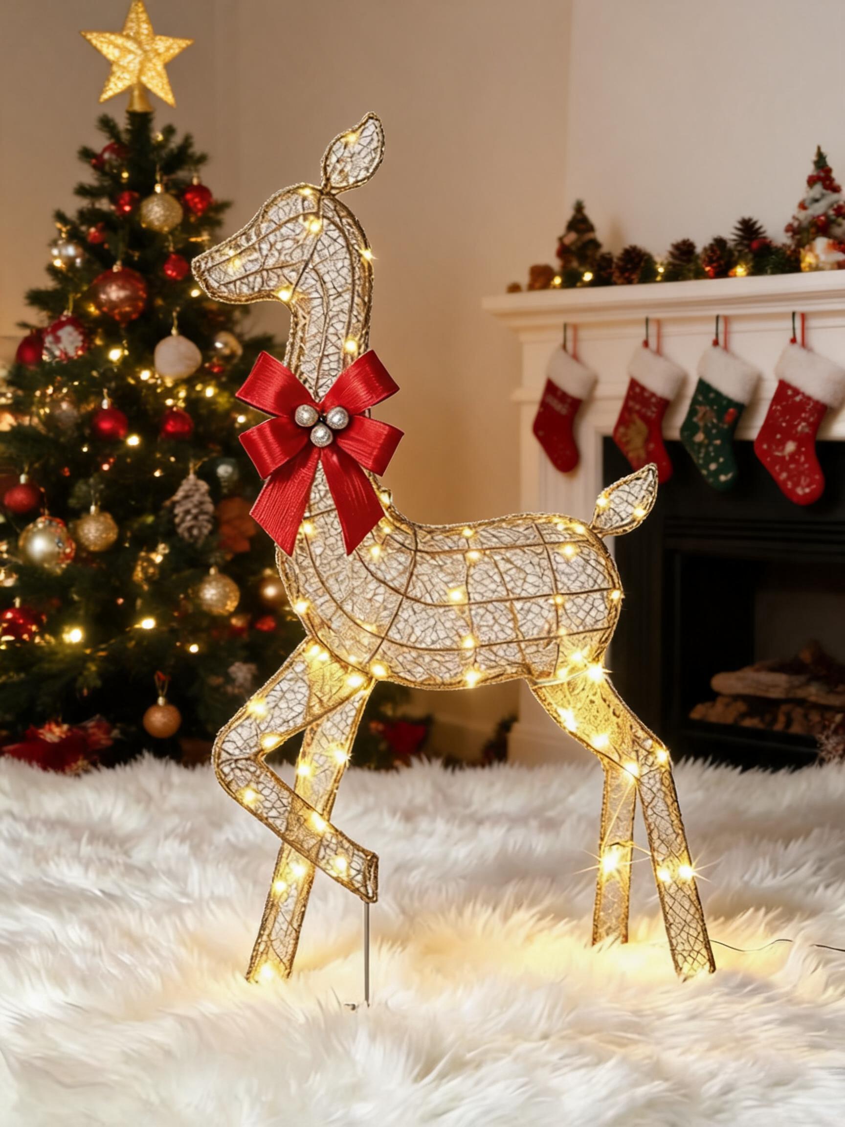 Up Lighting Decor - ชุดครอบครัวกวางเรนเดียร์คริสต์มาสแบบมีไฟ 3 ชิ้น ของตกแต่งสนามหญ้าภายนอกอาคารรูปกวางเรนเดียร์ LED พร้อมไฟสว่างตลอดเวลา